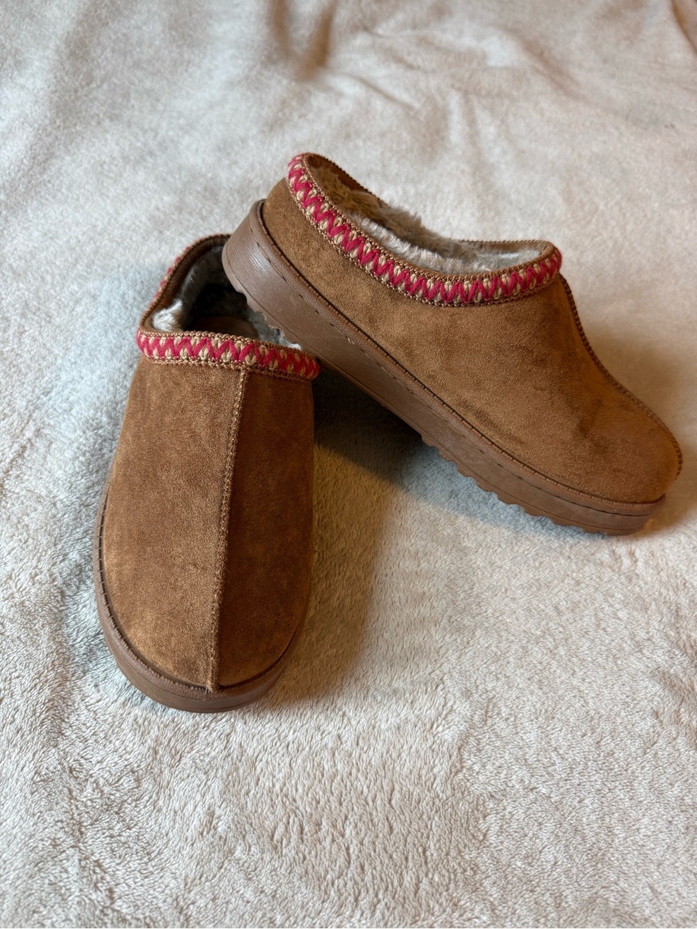 8 Women's Brown Suede Slip-On Clog with Pink Trim